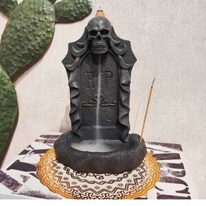 Midnight Shadows Tombstone Skull Black Incense Burner Set